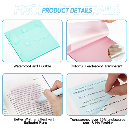 800 Pcs Colorful Transparent Waterproof Self-Stick Note Pads 3 X 3 Inch Pearlescent Clear Sticky Notes Translucent Bookmark Notes Set For Office School College Supplies Planner Memo #TOP2
