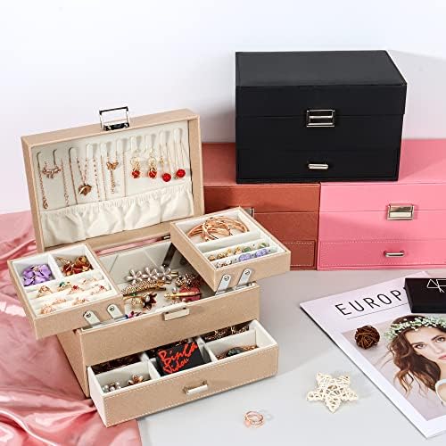 Jewellery Box Organiser, 3 Layer PU Leather Jewellery Case, Large Jewellery Organiser with Drawer, Jewellery Storage Case for Necklaces Earrings Bracelets and Rings,White
