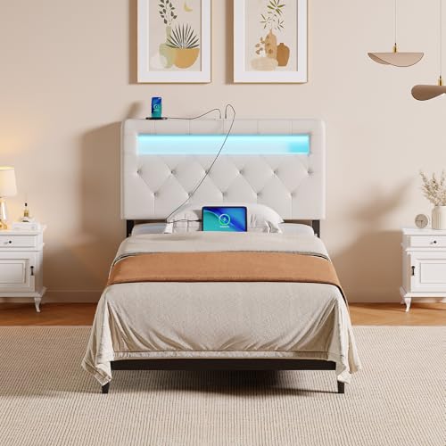 GREENSTELL Headboard for Twin Size Bed with 60,000 DIY Color of LED Light, USB & Type C Post, Upholstered, Height Adjustable, Sturdy, Easy Assembly, Wall Mounted Head Boards Only, White by GREENSTELL - Image 7