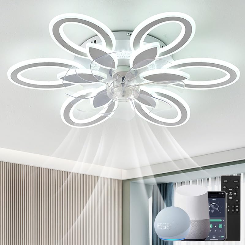 LED Modern Ceiling Fan with Lights Flower Dimmable Acrylic Flush Mount Ceiling Fans Low Profile Chandelier Fan Stepless Color Temperature Change Mute 6 Speeds Bedroom Living room Voice Control Lamp