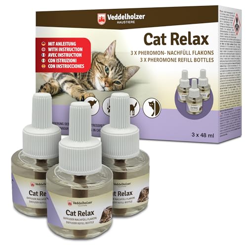 Veddelholzer Relax Cat Feromonen navulset, 3 × 45 ml flacons, kalmeringsmiddel voor katten, ontspanning en anti-stress, helpt sproeien voorkomen en beschermt tegen krabben