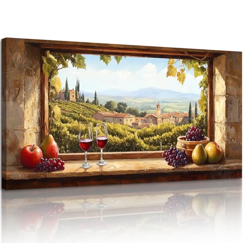 crmotu Window View Extra Large Wall Art, Italian Vineyard Landscape Canvas Prints, Grape Farms Beyond the Vintage Windowsill, Rustic Kitchen Dining Room Pictures Wall Decor for Wine Lovers 30x60 Inch