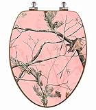 TOPSEAT 3D Upland Series Elongated Toilet Seat w/ Chromed Metal Hinges, Wood, Realtree Pink Camo