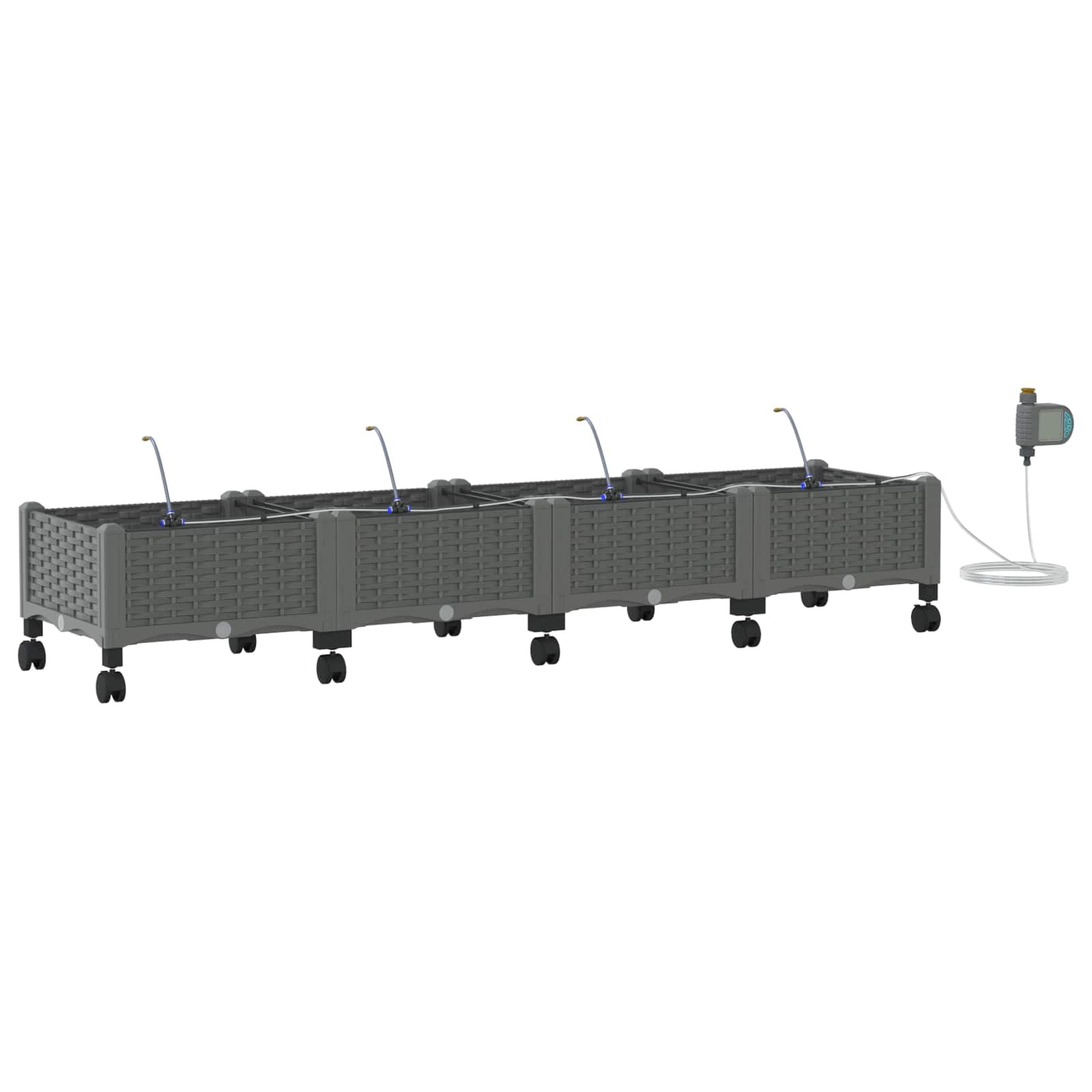 Set di 4 fioriere da giardino con ruote e irrigazione, grigio chiaro | Set di aiuole mobili per giardino e terrazza con sistema di irrigazione automatico e robuste fioriere in polipropilene.