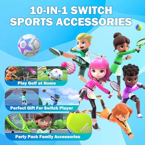 10 in 1 Accessories Kit for Nintendo Switch Sports,Family Accessories Bundle Compatible with Switch/Switch OLED Sports Games with Soccer Leg Strap,Golf Clubs ,Tennis Rackets,Swords (Red blue)