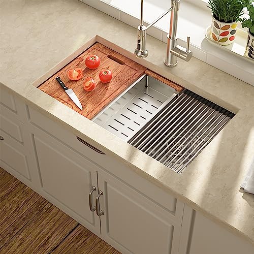 Lordear Double Bowl Kitchen Sinks 33 Inch Ledge Workstation Sink Double Bowl 60/40 Low Divide 16-Gauge Stainless Steel Undermount Kitchen Sink 33X19 Inch Deep Kitchen Sinks #TOP1
