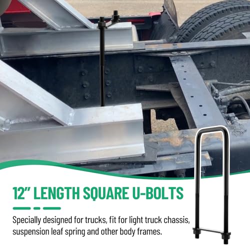 Image of 12 Inch Square Bend U-Bolt Kit for Truck Chassis | Heavy-Duty Steel Suspension Leaf Spring U Bolts with 6 Inch Tie Plates