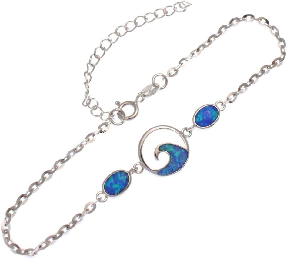 Arthur's Jewelry 925 Sterling Silver Hawaiian Ocean Wave Oval Blue Opal Plate Anklet 8.5" + 2"