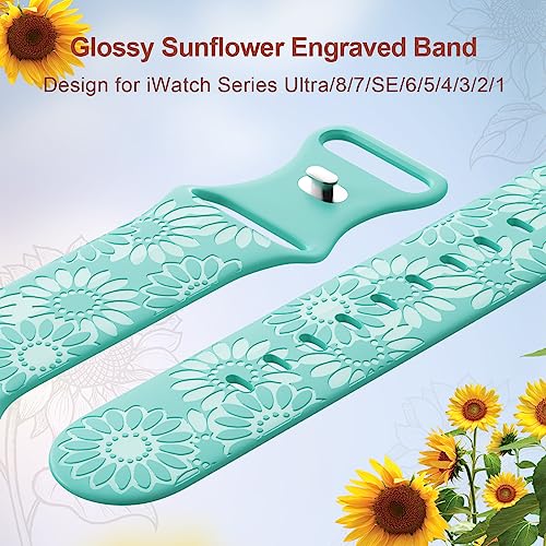 Image of Sunflower Engraved Band Compatible with Apple Watch Bands 38mm 40mm 41mm 42mm 44mm 45mm 49mm Women, Designer Soft Glossy Floral Silicone Strap for iWatch Series Ultra 11 10 9 8 7 6 SE 5 4 3 2 1