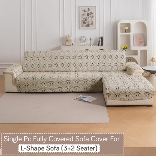 Image of HOKIPO 'Elira Series' Printed Quilted One-Piece L Shape 5 Seater (3+2) Sofa Cover with Right Chaise | Anti-Slip Design, Natural Beige Abstract Art (AR-6229-C4)