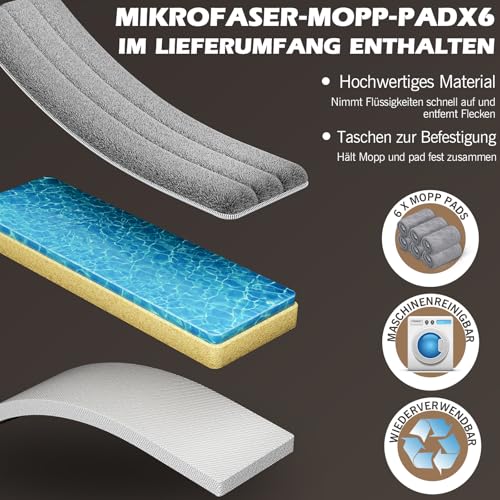 MASTERTOP Wischmopp Set mit Eimer, 2 in 1 Bodenwischer mit Einstellbar Edelstahlgriff und 6 Mikrofaser Moppkopf, Hand-Frei Wischmop & Putzeimer mit auswringfunktion für Hartholz Laminat Fliesen – Bild 4