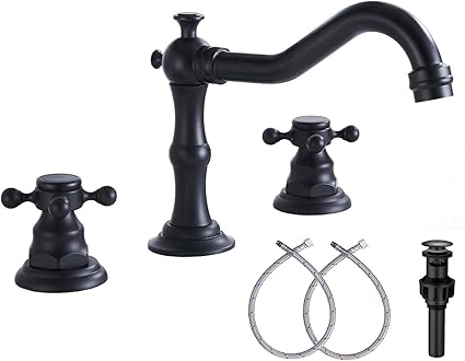 GGStudy Black Bathroom Faucet 2 Handles 3 Holes Faucet 8 inch Widespread Bathroom Sink Faucet Tap Mixer Supply Hose Included Matching Metal Pop Up Drain