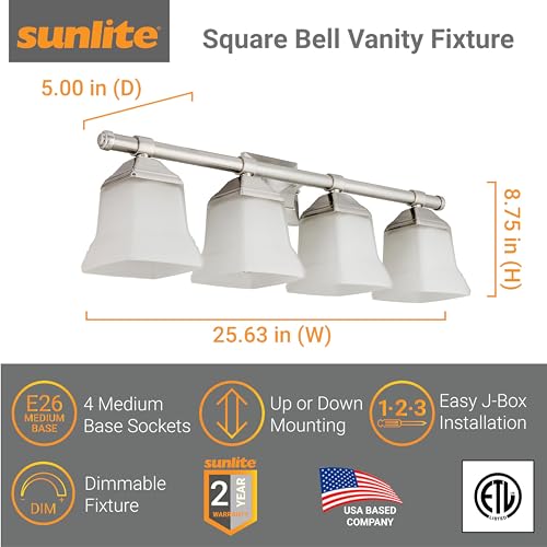 Image of Sunlite 46064 25 inch Modern Square Bell Vanity Wall Mount Light Fixture, Medium Base (E26) Socket, Standard A19 Bulb Required (100W Max), Frosted Glass Shade, ETL Listed, 4 Light Brushed Nickel Finish