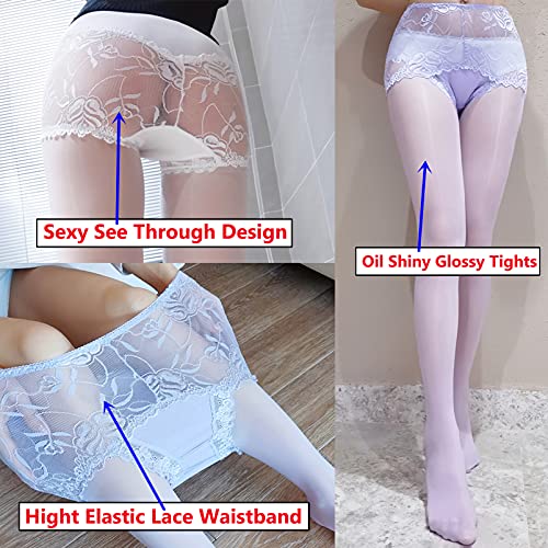 Men's Pantyhose Sexy Lace Waistband Stockings Oil Shiny Nylon Sheer Tights Lingerie Underwear2