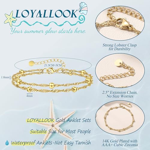 Image of LOYALLOOK Ankle Bracelets for Women Waterproof, 14K Gold Plated Cuban Figaro Link Chain Beaded Anklets Set, Dainty Layered Anklets for Women Non Tarnish Summer Beach Foot Jewelry Adjustable Size