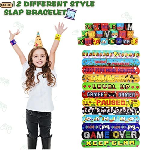 39Pcs Video Gaming Party Favors, Gamer Party Supplies with Slap Bracelets Game Controller Keychain Tattoos Stickers and Goodie Gift Bag for Kids Games Theme Birthday Party Decoration