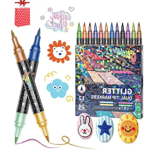 24/48/72/96 Colors Glitter Effect Brush Markers Dual Tip Metallic Shimmer Pens Set Professional Glitter Paint Pens Set for Adult Coloring Books Journals Card Making & DIY Crafts (24 colors)