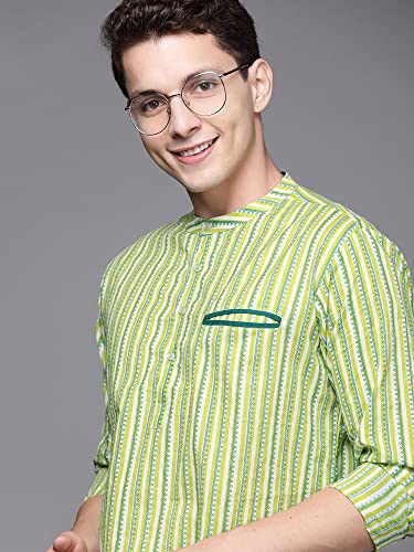 Image of INDO ERA Men's Cotton Straight Fit Printed Casual Straight Short Kurta (MKR0FG1209 Fluorescent Ready to Wear S to 2-)
