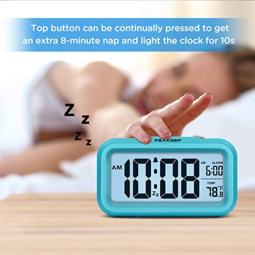 Image of Peakeep Night Light Digital Alarm Clock Battery Operated with Indoor Temperature, Desk Small Clock (Blue)