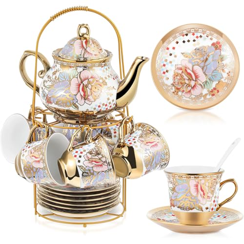 Zhehao 20 Pcs Porcelain Tea Set with Metal Holder and Spoon Adult Ceramic Tea Set European Flower Painting Teapot Cup Saucer Spoon for Women, Large Version(Rustic Style)
