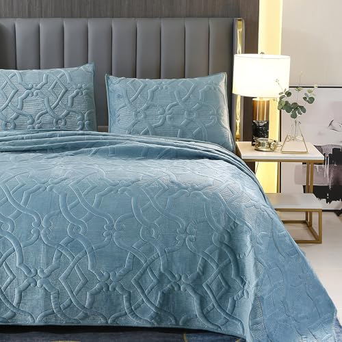 ROOMLIFE Quilt Set Full Size 3D Floral Embroidery Pattern 3-Piece Cotton Reversible Quilted Embroidered Decorative Bedspreads Coverlet Bedding Set, Lightweight &Soft, All Season(88" X 92")