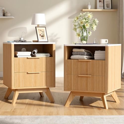 Image of Nebuaegis Nightstand Set of 2,Side Table with Charging Station,Bedside Tables with Drawer,Natural Oak