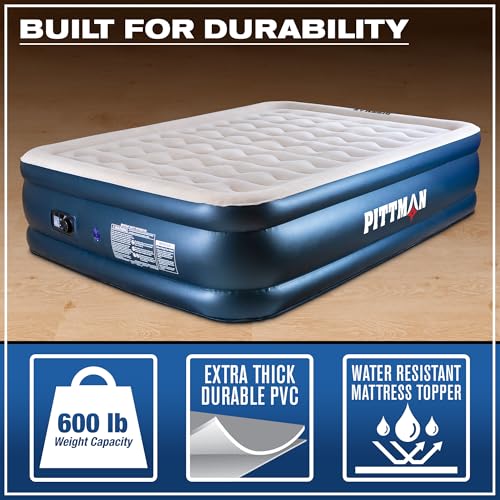 Image of Pittman Outdoors Queen Air Mattress - 20 inch Deluxe Blue Double High, Queen Air Mattress with Built in Pump, 600lb Capacity, Portable Inflatable Bed with Carry Bag, Blow Up Mattress for Home & Travel