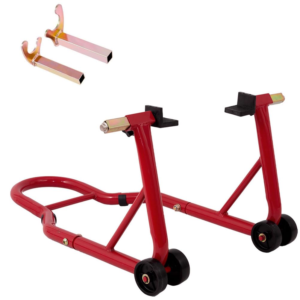 Heavy Duty Motorcycle Rear Wheel Stand, 850 lbs Capacity Steel Paddock Lift with U & L Fork Heads, Adjustable Swingarm Spool Stand,Red