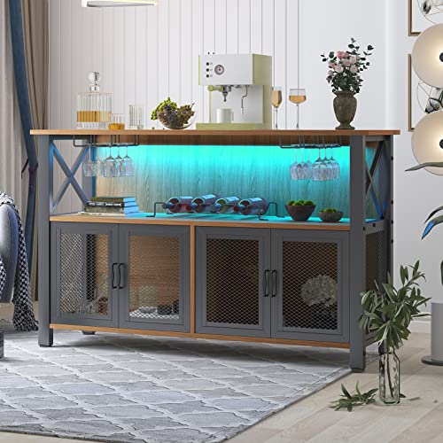 Balus Wine Bar Cabinet With Large Storage | Rgb Led Light Metal Mesh Doors Industrial Buffet Coffee Counter With Red Wine Racks | Modern Iron＆Wood Liquor Cabinet For Home #TOP6