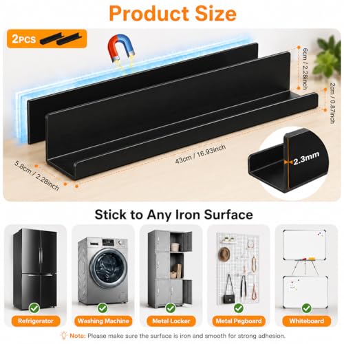 TJDUK Magnetic Book Shelf for Whiteboard - 17 Inch Reusable Metal Magnetic Shelves, Holds 12 lbs, 2 Pack Magnetic Book Display for Classrooms, Office, Kitchen- Black — view 2