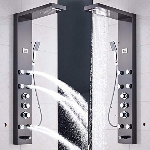 Columna de ducha NEWCES con panel de masaje, mezcla termostática, ducha superior tipo cascada, y salida para bañera - Negro miniatura 4
