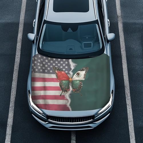 Image of Mexican Flag Car Hood Cover All Weather Protection Automotive Exterior Accessories Universal Fit Hood Covers for Cars, Trucks, SUV, or Van Full Coverage Decor