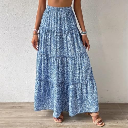 Women's Long Skirts Small Floral Elastic Waistband Three Layer Splicing A line Pleated Big Swing Dresses for Women2