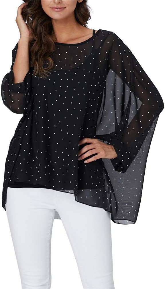 Womens Summer Printed Batwing Sleeve Top Chiffon Poncho Casual Loose Sheer Blouse Shirt - Image 4