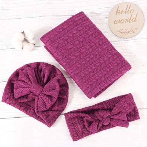 Image of BQUBO Baby Swaddle Blankets for Girls, 4PCS Newborn Accessories Set with Hat and Bow Headband with Hello World Wooden Birth Announcement Card, Baby Blankets for Girls (Pink)