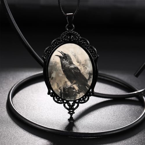 YWMAN Goth Raven Cameo Necklace - Gothic Crow Pendant, Vintage Halloween Witch Jewelry for Women4