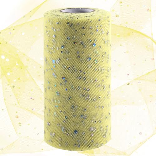 Swpeet Rouleau de tulle à paillettes jaune pâle de 15,2 cm x 45,2 m - Bobine de tissu en polyester pour loisirs créatifs, fête d'anniversaire, mariage, Noël