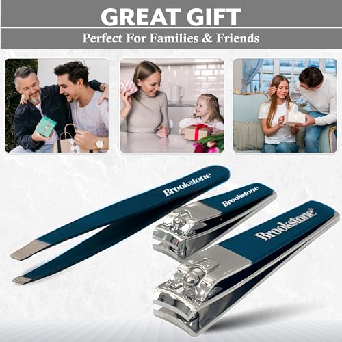 Brookstone Nail Clippers Set - Premium Stainless Steel Nail Clipper and Nail Cutter with Rubberized Non-Slip Grip, Includes Case and Tweezer, Two Nail Clippers for Precision Grooming (Navy)