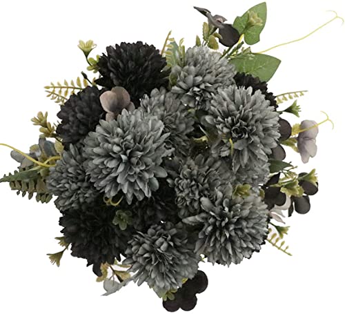 Jim's Cabin Artificial Chrysanthemum Ball Flowers - 3Pcs Realistic Silk Flower With Stems&Leaves For Wedding, Party, House Decoration, Table Centerpieces Flowers (Black, Gray) #TOP11