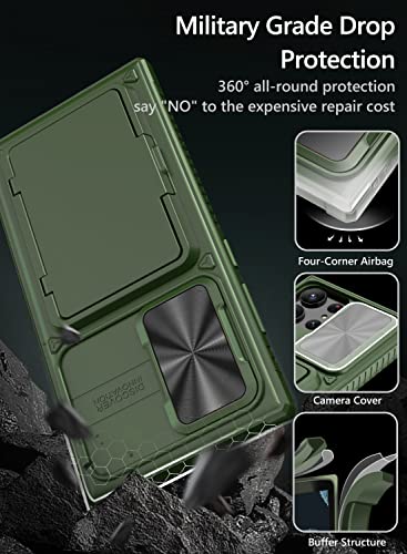 Image of Vihibii Polycarbonate For Samsung Galaxy S23 Ultra Back Cover With Card Holder(4 Cards)& Slide Camera&Kickstand,Shockproof Case For Samsung S23 Ultra,Green