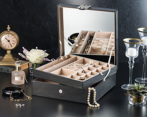 Glenor Co 28 Section Jewelry Box - 2 Layer - Buckle Snap & Magnet Closure - Large Mirror - Leather Design - Black - Jewelry Organizer For Women & Girls - Holder For Earring Ring Necklace & Bracelet #TOP1