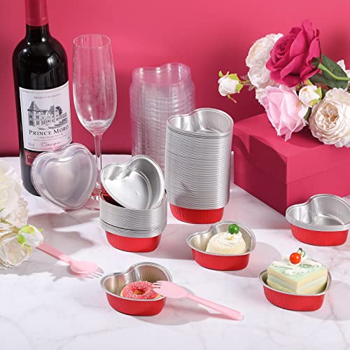 100 Set Heart Shaped Cake Pans With Lids 3.4 Oz Mini Heart Cupcake Pans Disposable Heart Muffin Tin Aluminum Heart Foil Pan Baking Cups With Plastic Cake Scoops For Wedding Mother's Day Valentine #TOP2