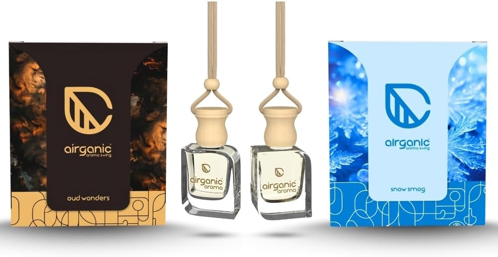 Aroma Swing Combo Offer : Oud Wonders & Snow Smog |Aroma with Essential Oils in Glass Bottle with Wooden Diffuser Lid|Car Freshners| Car Hanging Accessories| Car Accessories Interior
