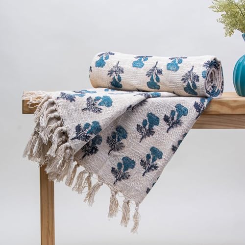 Image of Handmade Cotton Hand Block Floral Print Throw Blanket for Sofa Couch & Sofa, Car, 50x60 Inches (Multi-Color 07)-350 TC