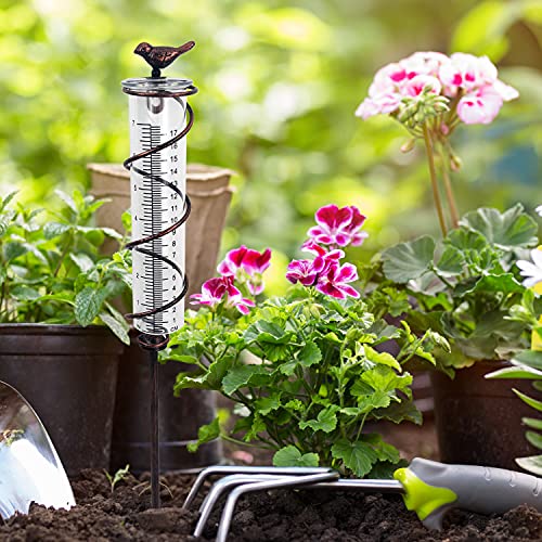 JOYBee 17,8 cm Kapazität Glas Spirale Regenmesser Gusseisen Vogel Hängende Regenmesser Garten Regen Wasserzähler Messung mit Metallrahmen, Dekoration für Outdoor Garten Rasen Hinterhof