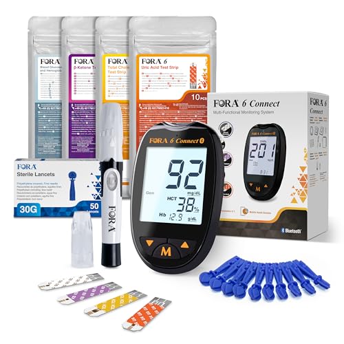 FORA 6 Connect | 4-in-1 Blutzucker-, Keton-, Cholesterin-, Harnsäure-Messgerät | Für die Selbstanwendung zu Hause | Bluetooth & App | Inkl. Teststreifen & Zubehör, Schwarz FORA 6 Connect | 4-in-1 Blutzucker-, Keton-, Cholesterin-, Harnsäure-Messgerät | Für die Selbstanwendung zu Hause | Bluetooth & App | Inkl. Teststreifen & Zubehör, Schwarz