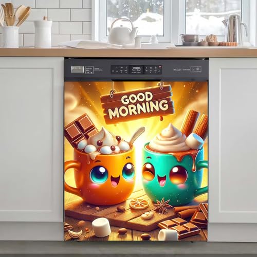 Image of HOMETITUTE Good Morning Magnetic Dishwasher Cover 23x26 Inch Cartoon Cup Cocoa Marshmallow Panel Sticker for Kitchen Fridge Door Appliance Magnet Decorative Breakfast Theme Wrap