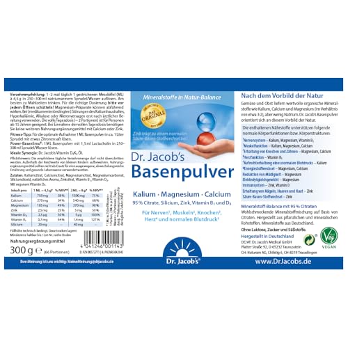 Dr. Jacob's Basenpulver I viel Kalium, Magnesium und Calcium I das Original Citrat-Basen-Pulver in Premium Qualität seit 25 Jahren I gezielter Mineralstoff- und Basen-Ausgleich* I 300 g Dose, vegan
