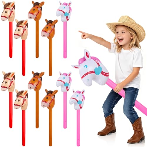12 Pcs Inflatable Stick Horse 37 Inch Horse Head Blow up Balloon for Western Cowboy Cowgirl Themed Baby Shower Birthday Party Decorations (MIX)