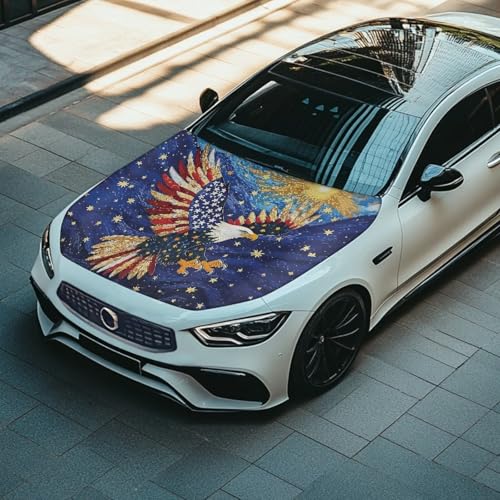 Image of USA Flag Eagle Front Hood Covers for Cars Starry Sky Car Hood Cover Patriotic Car Hood Cover Wrap Auto Decor Adjustable Automotive Hood Covers for Cars Sedan Accessory, 4th of July